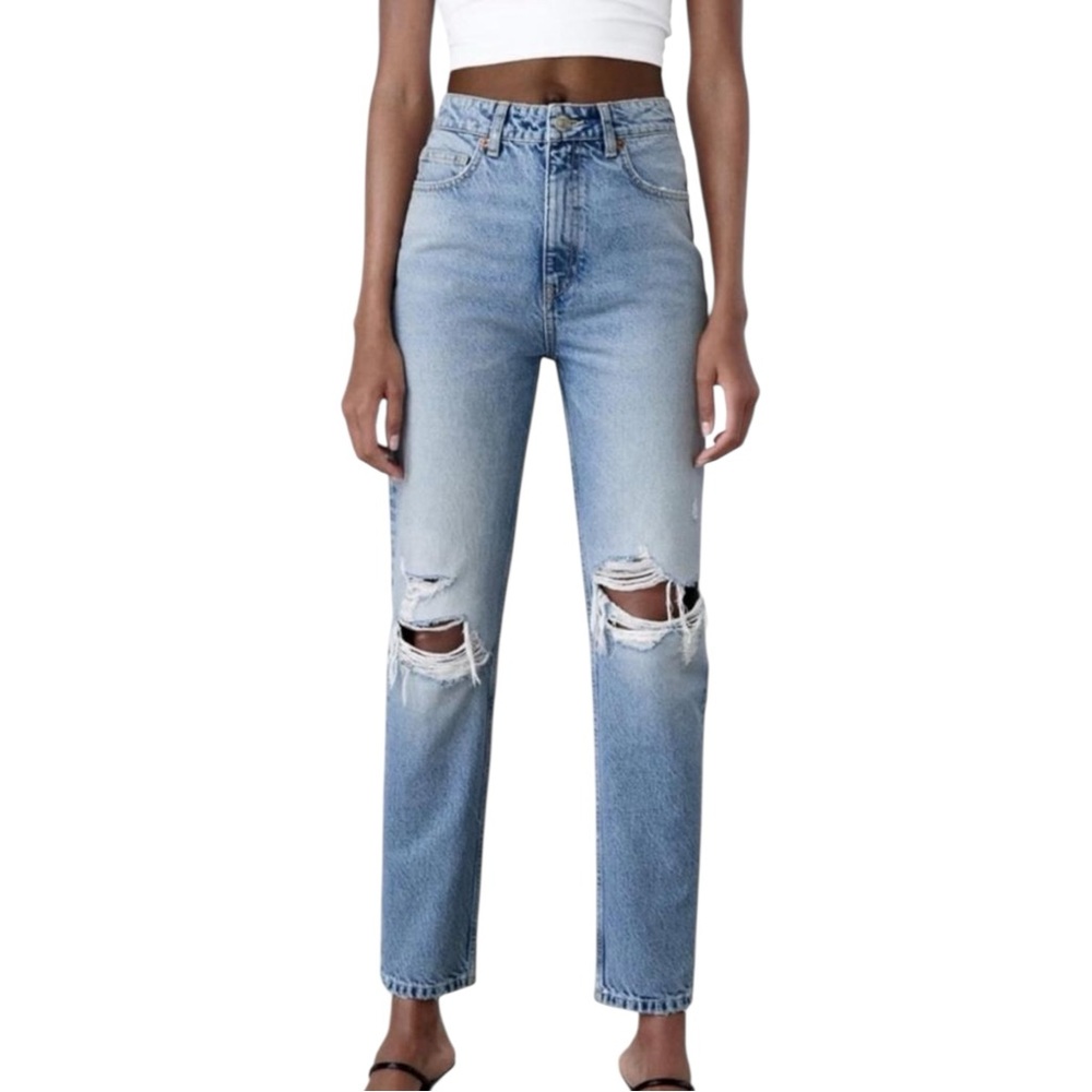 Zara Light Blue Mom Straight Leg Distressed High Rise Jeans